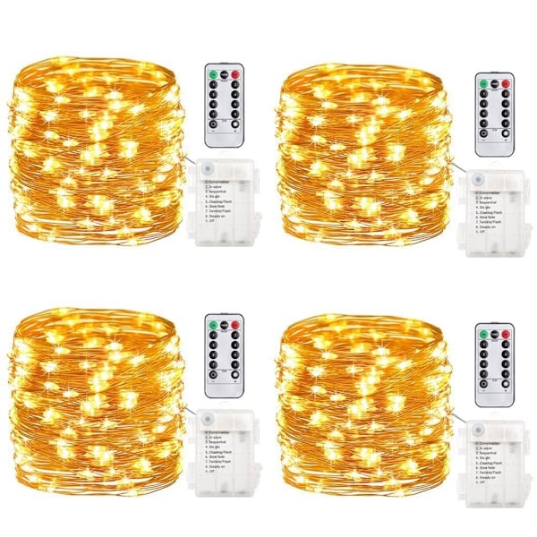4-pack 5M 50 LED-ljusslingor med batteridrift, fjärrkontroll, timer, vattentät koppartråd, blinkande, varmvit