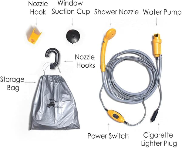 12V Portable Shower Head for Camping with Pump | Handheld Shower Head, Powered by Car Cigarette Lighter
