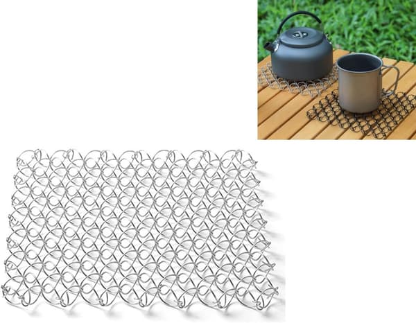 Varmeisolerende matte i rustfritt stål med spiralform, egnet for varme gryter, stekepanner og servise m.m.