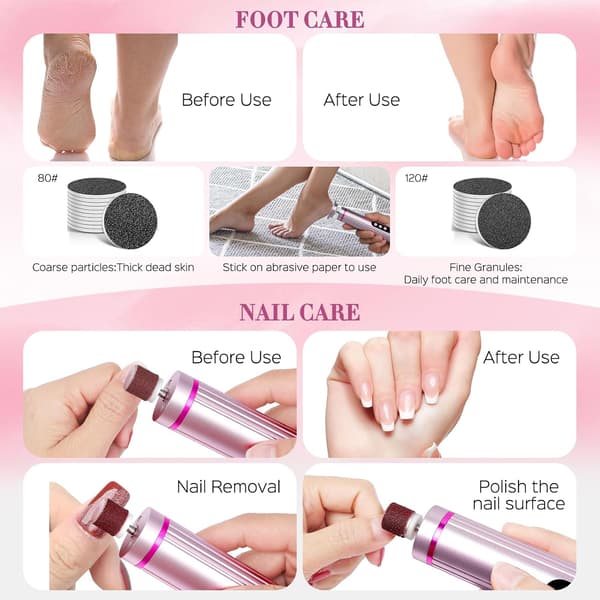Electric Foot File for Calluses, 9 Adjustable Speeds, Includes Sanding Discs and Accessories, Pink