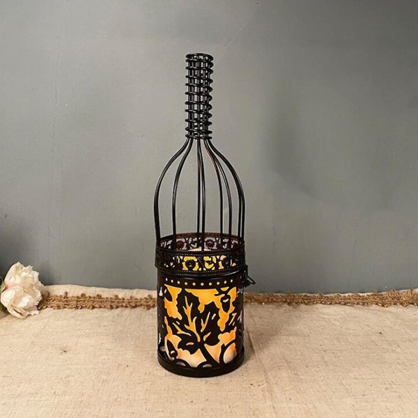 Wine Bottle Shape Candle Holder Tea Light Metal Hollow Pumpkin Owl Candle Holder Halloween Holiday Party DecorationBlack Leaf