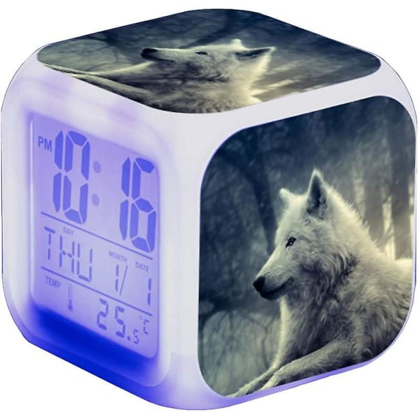 Wolf Led Väckarklocka, Väckarklocka för barnsäng, Fyrkantig, Upplyst LCD-skärm, Wolf Design (#18)