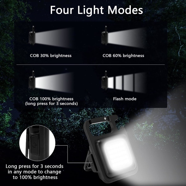 Små lommelykter 1000 lumen oppladbare vanntett bærbare LED-lys nøkkelring 4 moduser mini arbeidslys med Colla