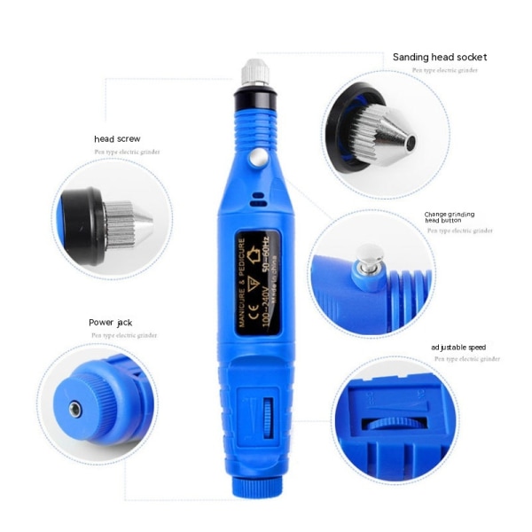 Bærbar elektrisk negleboremaskin, kompakt elektrisk profesjonelt neglefilsett for akryl manikyr pedikyrpolering