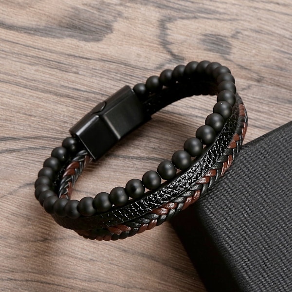 Läderarmband med pärlor för män, Naturliga pärlor, Armband i stål och läder för män Julgåva