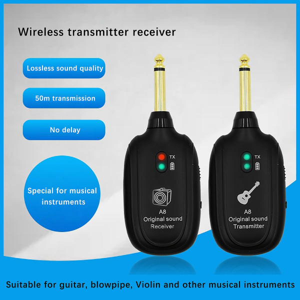 Laderbar UHF Gitar Bass Trådløst System Sender Mottaker 50m 4 Kanaler Svart Black