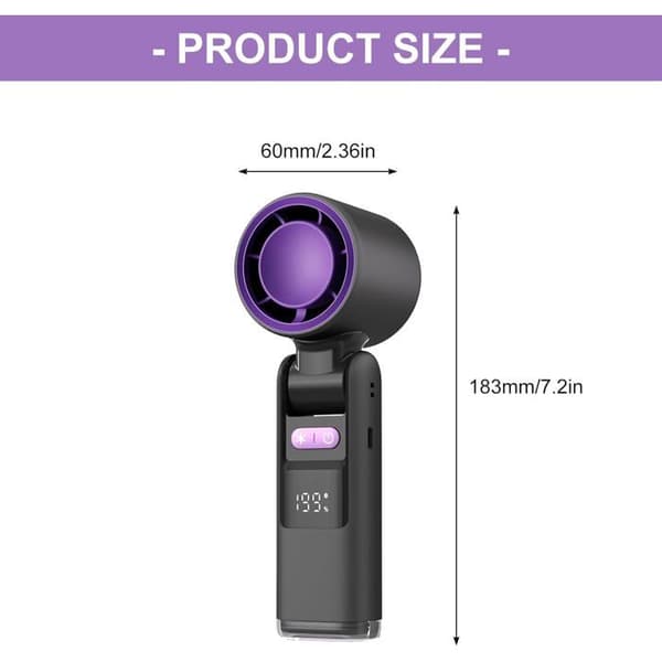 Portable Handheld Fan - Foldable - 199 Speeds - Digital Display - Rechargeable Battery