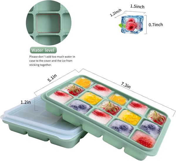 Ice Cube Tray Set (2-pack), Easy Release, 15 Flexible Silicone Ice Cube Molds with Removable Lids, Reusable, Stackable, Suitable for Whiskey.