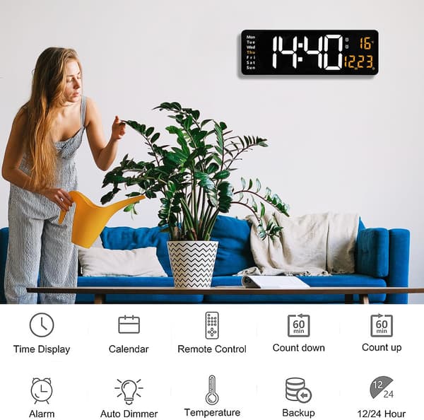 Large Digital Wall Clock with Remote Control 16 Inch LED Alarm Clock with Large Display and Date Day Temperature Timer for Home Bedroom