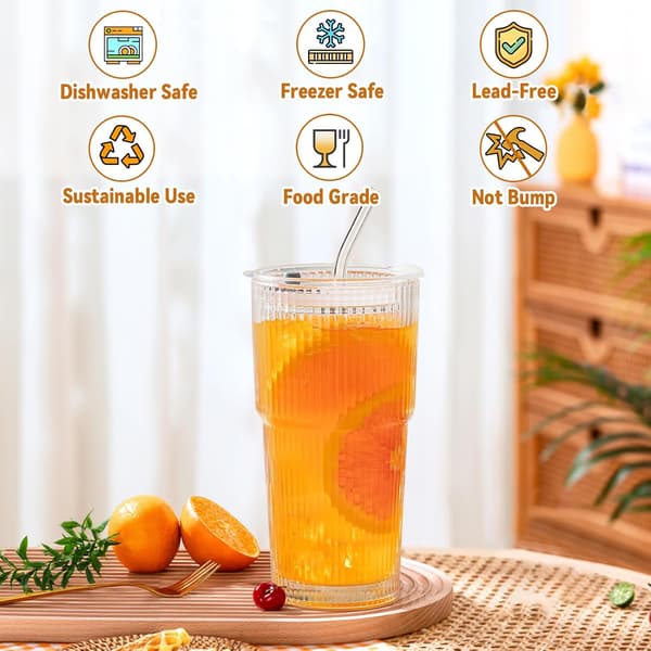 Set med 2 vattenglas med lock, sugrör och borste, 600 ml juicekopp, cocktailglas, glasmuggar, ölglas