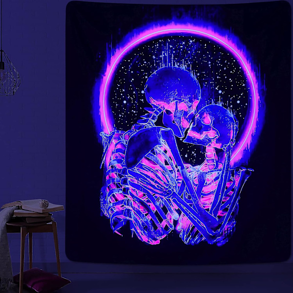 Skalle-Vægtæppe Kysse-Elskere Vægtæppe UV-Reaktiv Trippy Neon Vægtæpper Skelet Dekoration Væghængning til Soveværelse Stue