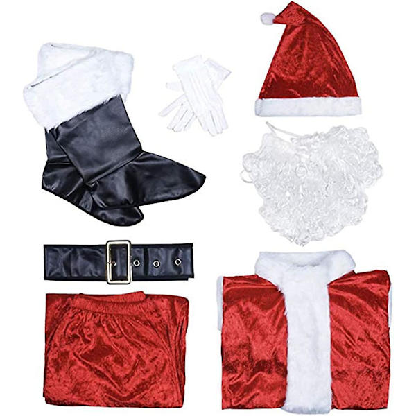 7-delad Jultomten Kostym Unisex Klassisk Vuxen Kostym Festkläder Cosplay Kläder Jultomten Kostym för Butik Köpcentrum Röd