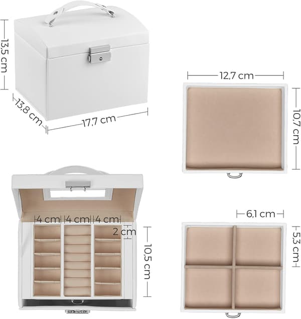 Tiered Jewelry Box, Accessory Case, Christmas Gift, with Handle, Cloud White Surface, Sand Beige Lining