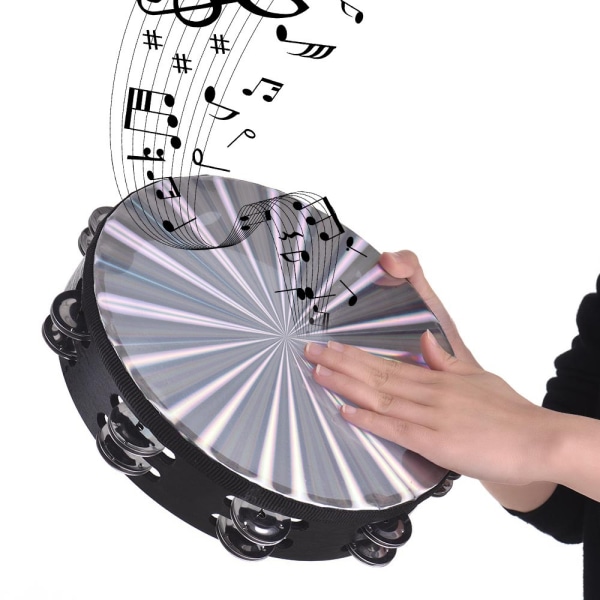 10 Tums Trä Radiant Tamburin Handtrumma med Dubbla Rader av Jinglar, Reflekterande Trumhuvud, Musikinstrument för Percussion