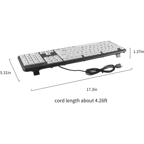 USB-kablet tastatur, store bogstaver, høj kontrast hvid med sorte overdimensionerede bogstaver til synshæmmede med svagt syn i svagt lys