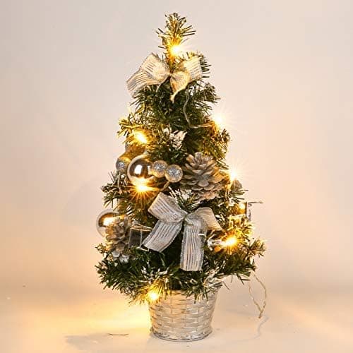 Silver Small Christmas Tree With Lights, Mini Decoration For Desk