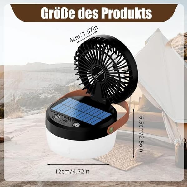 USB solcelle campingventilator, bordventilator, lampe, 90°, 4 lys, 3 hastigheder, sort.