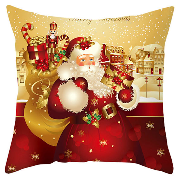 18 Tums Dekorativ Jul Kudde i Guld med Cartoon Tomte Snögubbe Digitaltryck Polyester Sammet Kuddfodral för Soffa Semester Park