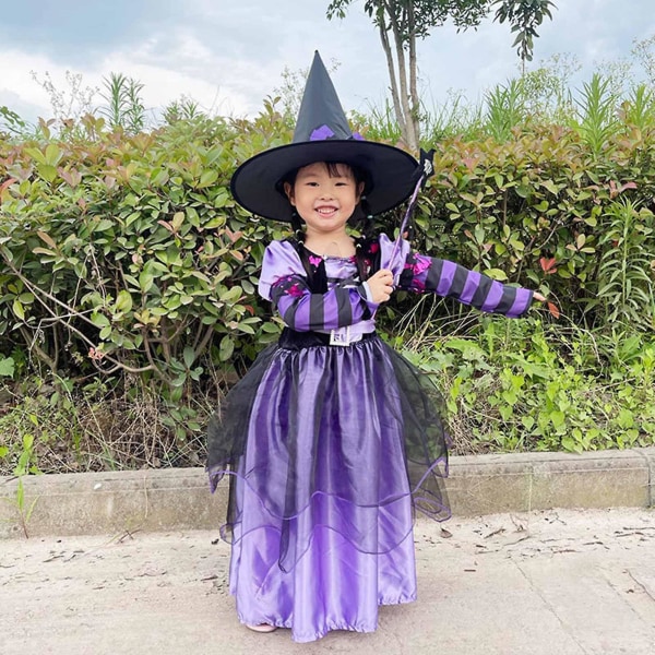 Halloween-heks-kjole med hatt for barn, lilla eventyrheks-kostyme, finstas