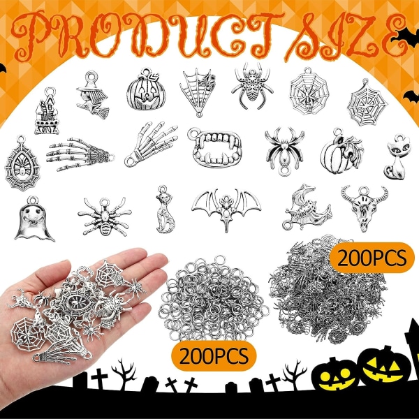 200 st Halloween-berlocker för smyckestillverkning, gotiska berlocker, antiksilver, Halloween-berlocker med 200 st öppna öglor