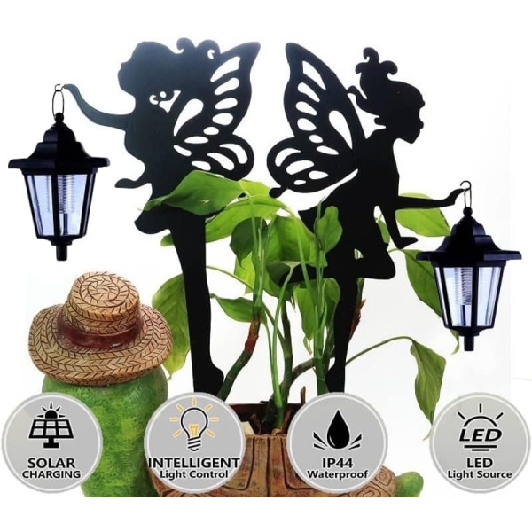 2-pack Metal Fairy Solar Light utomhusdekoration, älvor hängande lykta med markstakar Trädgårdsdekor, svart dekorativ skylt