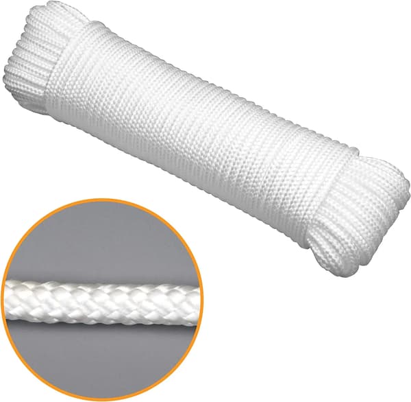 Polypropylene Rope 30.5 m, 6.35 mm UV Resistant Solid Braided for Camping and Flagpole, White, 2-Pack