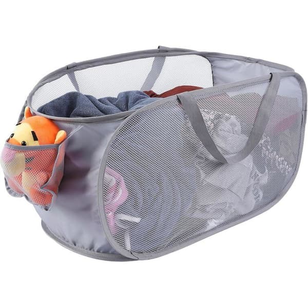 Horizontal Mesh Laundry Hamper. Side Pocket, Handles. Perfect for Laundry Room/Bathroom. Optimal Storage.