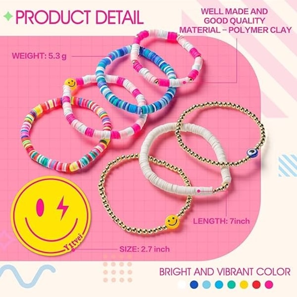 7-pack Surfer Armband Set Färgglada Glad Leende Onda Öga Pärlor Stretch Lera Stapelbara Boho Skiva Estetisk Sommar Strand Smycken för Kvinnor Flickor