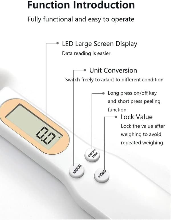 High-precision digital spoon scale 0.1g - 500g Electronic measuring spoon Multifunctional hand scale with LCD display and tare function (White)