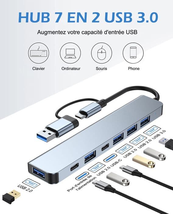 UPLAYTECK USB C Hub 7 i 2 USB Strømforsyningsdockingstation Adapter Kompatibel med Macbook iMac iPad iPhone 1*USB 3.0, 4*USB 2.0