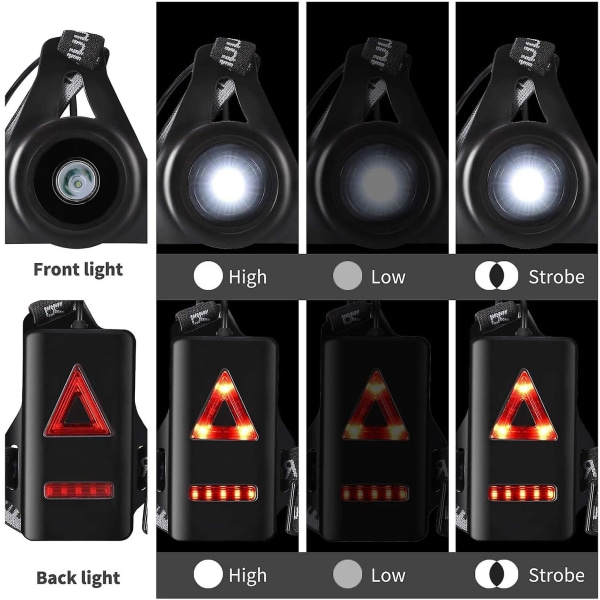 Löparljuslampa USB Led bröstljus Vattentät ficklampa 3 ljuslägen med bakljus och justerbar rem för löpare, joggare, promenader, hikin