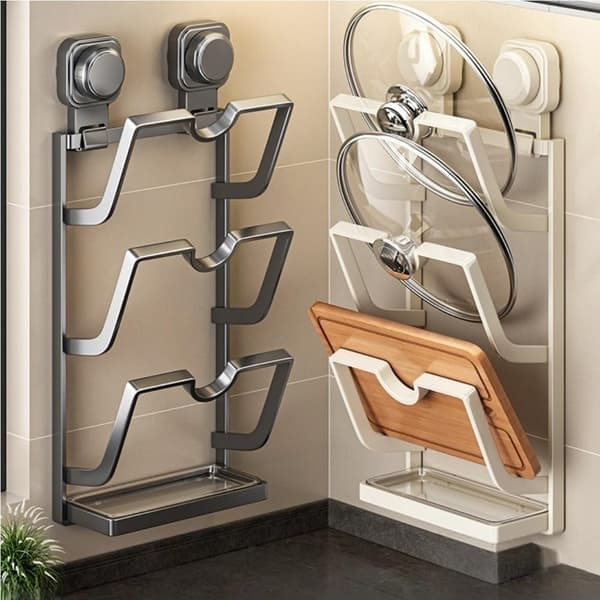 Metal Lid Rack, Cutting Board Rack with Suction Cup, Wall-Mounted Multi-Layer Storage Rack, Kitchen Utensil Rack (Grey, 6.3 * 3.1 * 16.9) [Ho]