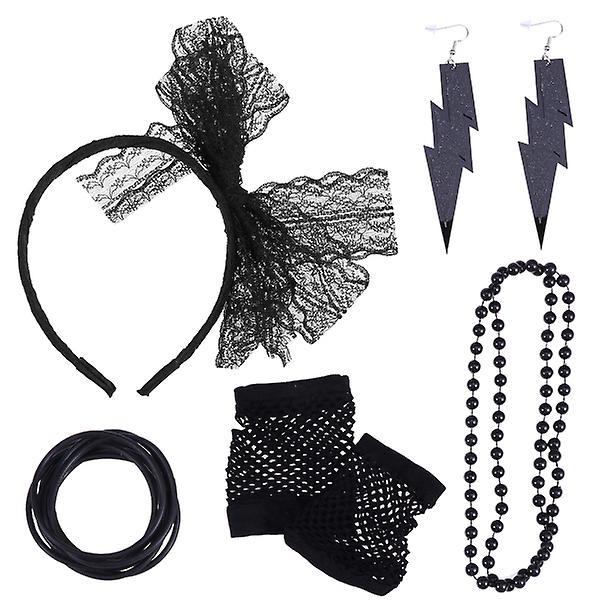80s Fancy Dress Up 5-delad set Färgglada armband Halsband Örhängen Spets Pannband Näthandskar Par Black