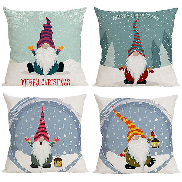 Set med 4 julsnöflinga ansiktslösa tomte kuddfodral tecknad svensk tomte dekorativt fyrkantigt kuddfodral
