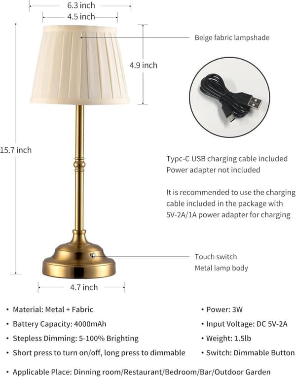 Wireless Table Lamp LED Table Lamp with Fabric Shade and Rechargeable Battery for Bedroom