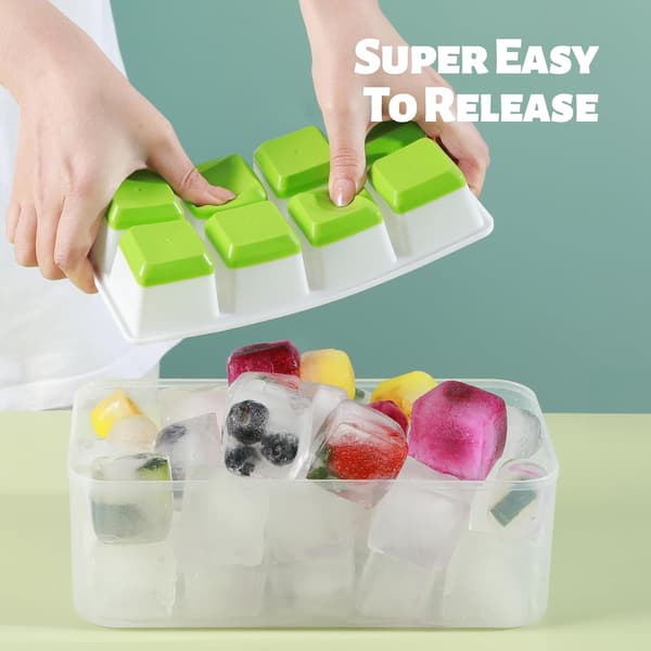 Large Ice Cube Tray with Lid and Bin, Silicone Large Square Ice Cube Molds for Freezer, 3 Pack Stackable Big Ice Cube Trays with Ice Tongs