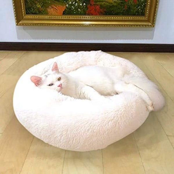 Kattbädd rund hundsäng husdjursbo oval kattbädd donutbosäng vit diameter 40cm