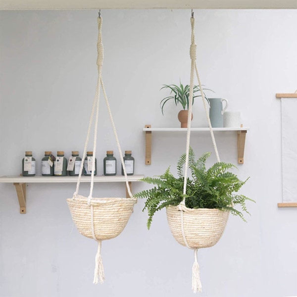 Handvävda Hängande Växtkorgar Inomhus Utomhus, Vävd Rattan Hängande Planter Blomkruka Växtkorg