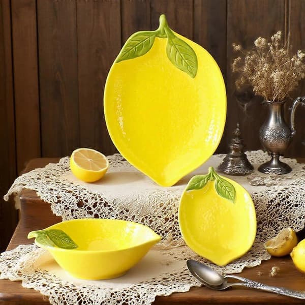 Ceramic Fruit Plate and Cartoon Lemon Porcelain Set with Unique Lemon Shape, Dishwasher Safe