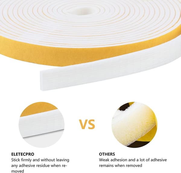 Weatherproof Self-Adhesive Foam Strips for Sealing Doors and Windows to Prevent Cold Drafts 2 Rolls Total 4M Long White