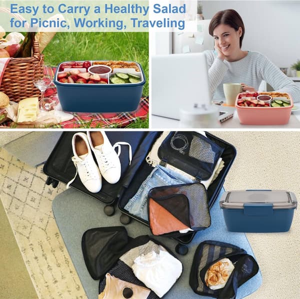 Large Double-Layer Lunch Box with Multiple Compartments for School or Work Includes Condiment Container Odor-Resistant and High Capacity Blue 2000ml