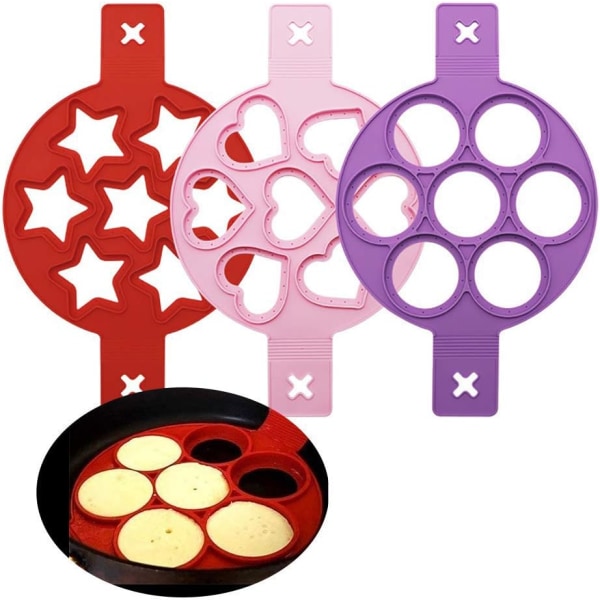 Silikoneæggeform, 3 STK hjerte-, rund og stjerneformet pandekageform for at spare madlavningstid, isoleret kageform for hurtig og nem E