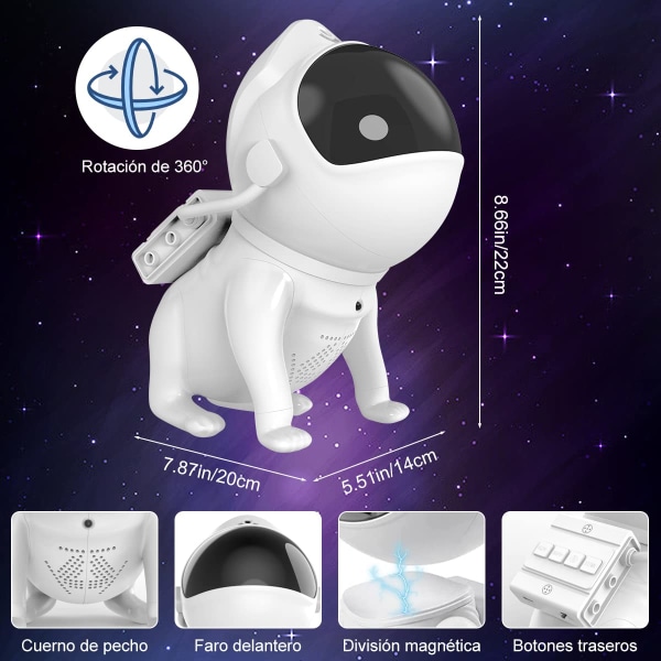 Space Dog Star-projektor, Galaxy Star-projektor, Starry Nebula LED-lampa med Bluetooth högtalare, åtta typer av vitt brus