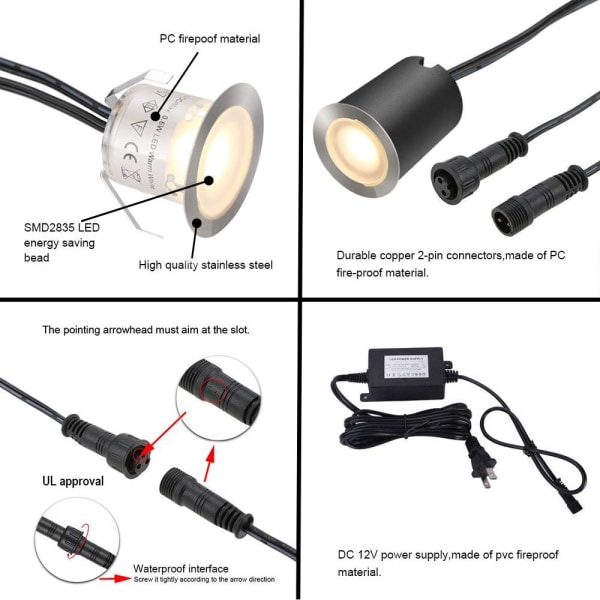 16 stk. Nedfelt LED Terrasselyssett med φ32mm Beskyttelsesskall, Utendørs LED Nedfelt Landskapsbelysning IP67 Vanntett, Lav Volt