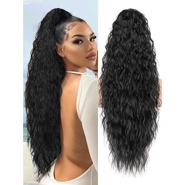 Hestehale Extensions, 30 tommer Snørestramming Clip-on Lang Bølgete Hestehale Syntetisk Krøllete Hårstykke for Kvinner og Jenter (30 tommer, Svart)