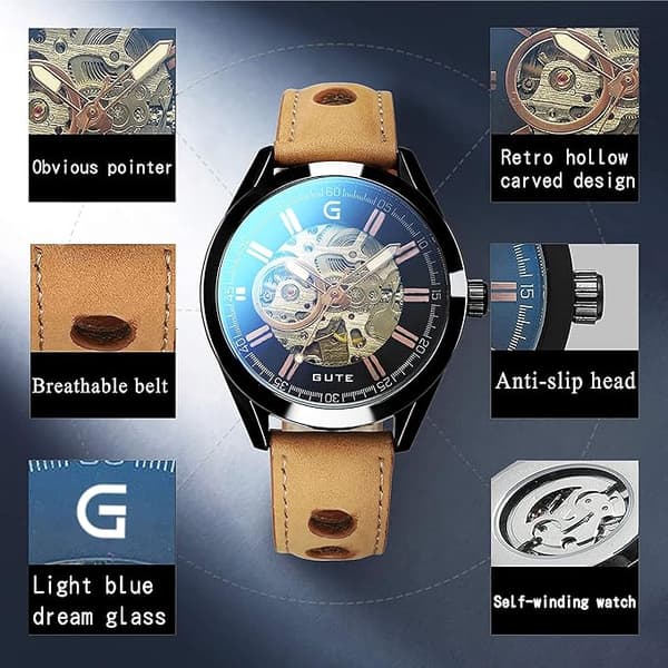 Herreur 43mm Rustfrit Stål Læderrem Mekanisk Armbåndsur Brun Sort