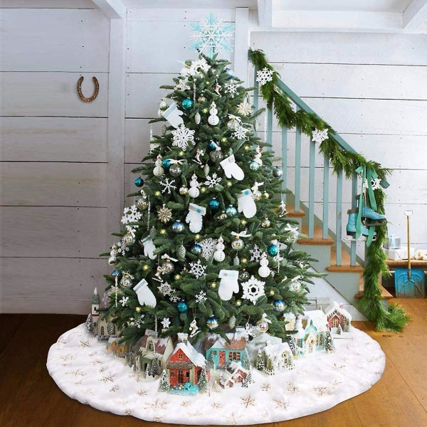 Juletreskjørt Juletrefottrekk Hvit juletreteppe Plysj teppedekorasjon fottrekk på slutten av dekorativ snøfnugg jul