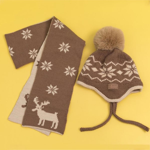 Kawaii Kids Knitted Beanie + Christmas Deer Neck Tørklæde Fleece Hat WinterBeige