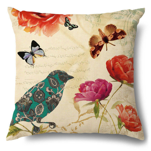 Wekity Dekorativa Kuddfodral Vårblomma Fågel Fjäril Kuddfodral Kuddfodral Burlap Toss 18 x 18 tum, set med 4 för vardagsrum, soffa
