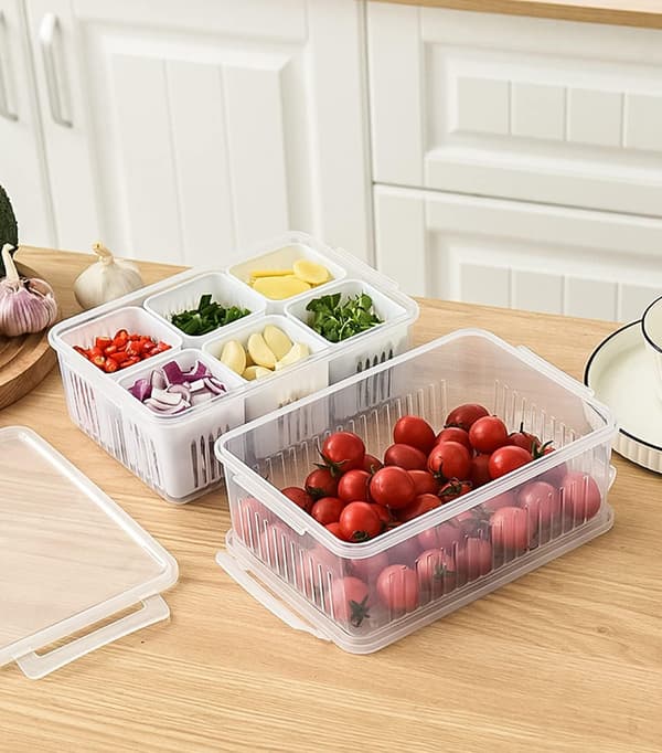 Food Storage Containers, Refrigerator Storage Containers, Includes 6 Removable Small Compartments, Portable Fruit Storage Container with Dividers.